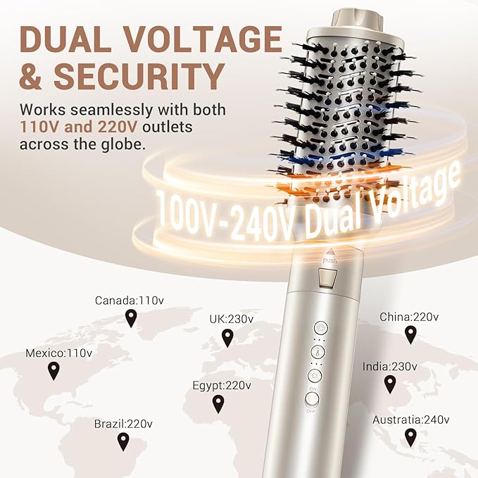 8-in-1 Dual Voltage Hot Air Styler & Hair Dryer Brush with Straightener & Curler Attachments, 110,000 RPM Ionic Fast Drying for Frizz-Free Styling, Includes Travel Bag