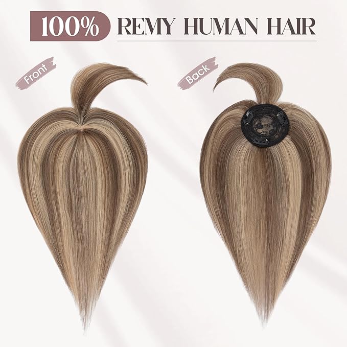 MY-LADY Human Hair Toppers for Women Real Human Hair with Bangs Thin 8.5 * 8.5CM Mono Base Clip in Remy Hairpieces Light Weight 12 Inch Medium Brown Mixed Dark Blonde