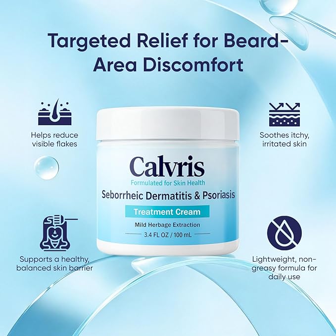 Calvris Scalp & Beard Comfort Cream – Steroid-Free Botanical Formula with Kudzu Root, Goldthread & Jojoba Extract for Dry, Flaky or Sensitive Skin, Cooling Non-Greasy Texture, 3.4 fl oz (1)