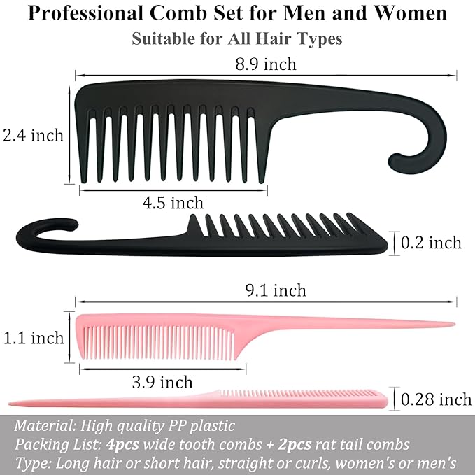 6PCS Large Wide Tooth Comb Rat Tail Comb Set, Shower Combs for Wet or Dry Hair, Premium Hair Brush Combs Detangle Curls, Detangler Comb for Detangling Wigs, Styling Curly Parting Kit for Men and Women