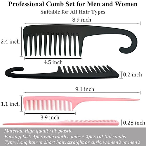 6PCS Large Wide Tooth Comb Rat Tail Comb Set, Shower Combs for Wet or Dry Hair, Premium Hair Brush Combs Detangle Curls, Detangler Comb for Detangling Wigs, Styling Curly Parting Kit for Men and Women