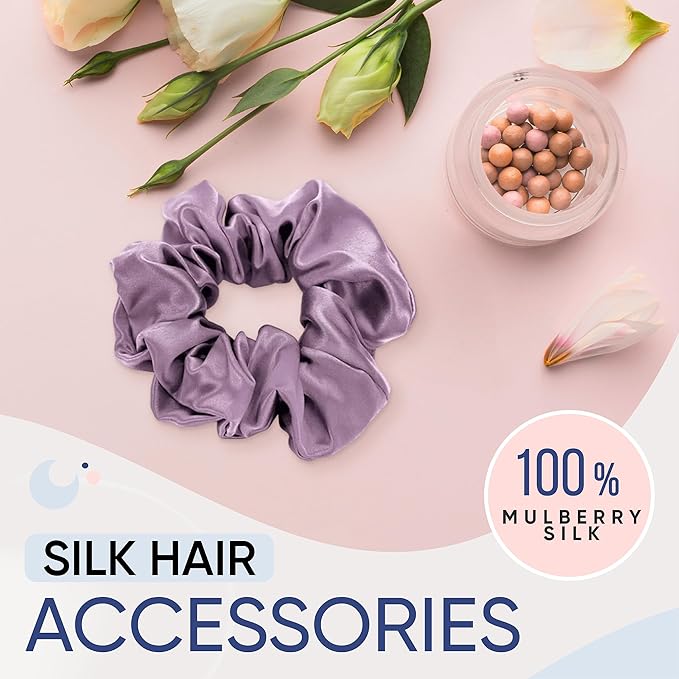Blissy Silk Scrunchies (3 Pack) - 100% Pure Mulberry Silk - 22 Momme 6A High-Grade Fibers Scrunchie for Straight & Curly Hair - Preventing Breakage, Tangling, & Creasing (Lavender Skinny)