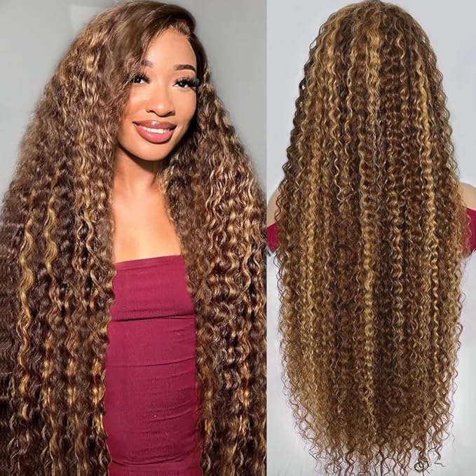 Honey Blonde Lace Front Wigs Human Hair 13x6 HD Highlight Ombre Deep Wave Wig Human Hair 4/27 Glueless Deep Wave Human Hair Wigs Pre Plucked with Baby Hair for Women 26 Inch
