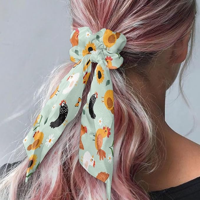 Rooster Scrunchies Hair Ties for Women Blue Green Pack of 2 Knotted Bow Hair Scrunchies Elastic Hair Scarf Red Ribbon Accessoey