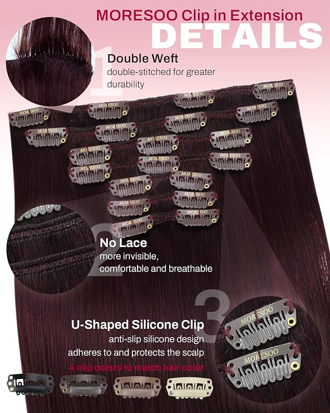 Moresoo Human Hair Clip in Extensions Dark Red Remy Clip in Human Hair Extensions Burgundy Hair Extensions Real Human Hair Clip ins Double Weft Red Wine #99J 7pcs 150g 24inch