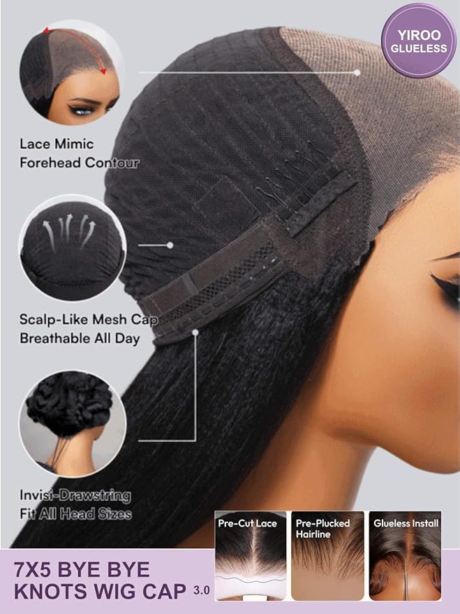 YIROO Bye Bye Knots Glueless Water Wave and Jerry Curly Drawstring Wig Human Hair, 7x5 Pre Cut Lace Front Glueless Wigs Pre Bleached Pre Plucked Wear and Go Wig for Women 150% Density 16Inch