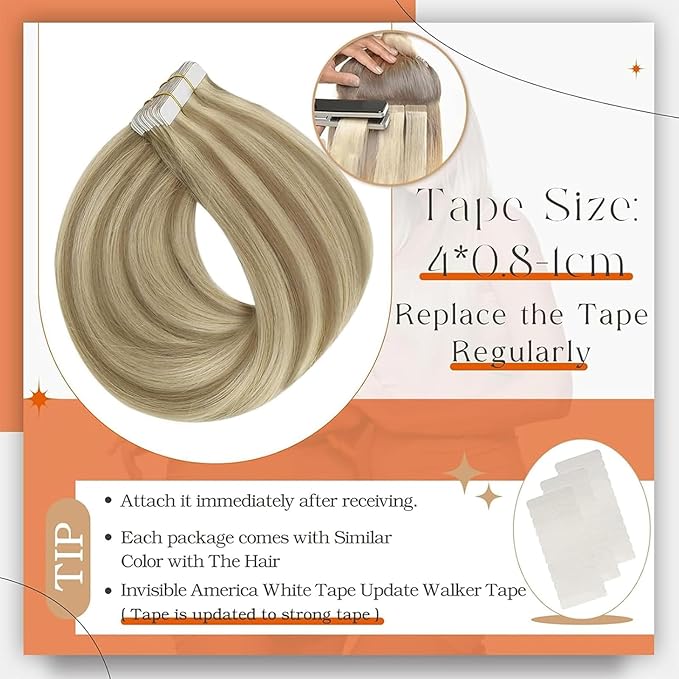 Full Shine Tape in Real Human Hair Extensions Remy Hair Extensions Color 16P22 Blonde Tape in Hair Extensions Straight Hair 20Pcs Seamless Tape ins Extensions Skin Weft Human Hair Extension 30g 12Inch