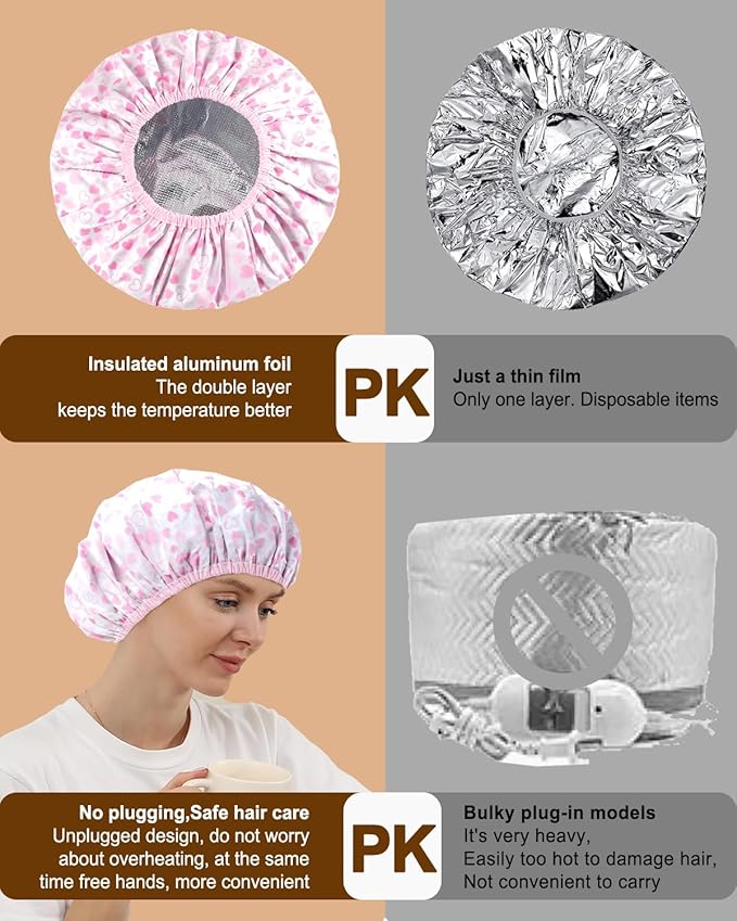 YIZIJIZI 2 Pieces Heat Cap for Deep Conditioning, Conditioning Cap Made of Aluminum Foil for Home and Salon Use, Hair Dyeing（Pink heart）