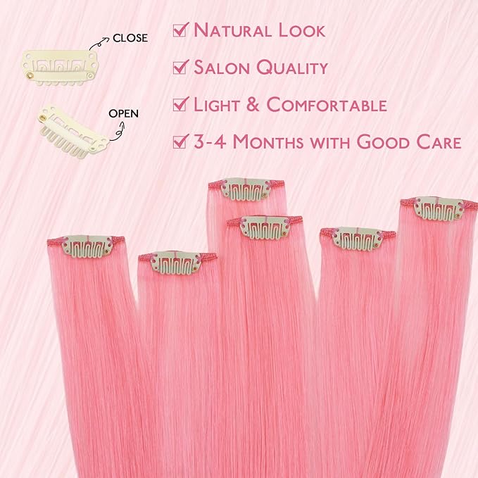 WENNALIFE Peach Pink Clip in Hair Extensions Real Human Hair 35g 6pcs 22 Inch Colored Hair Extensions for Kids Women Colorful Hair Pieces Pop-up Style Straight Extensiones De Cabello Humano Con Clip