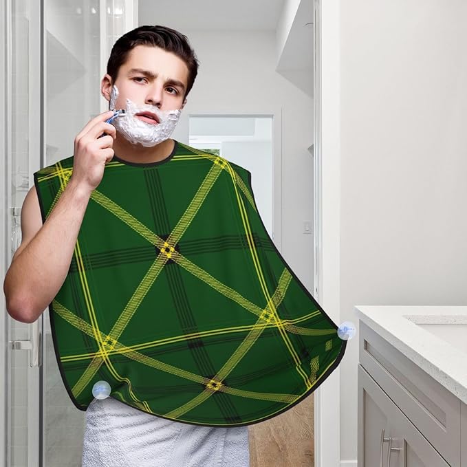 Beard Hair Catcher Bib, Waterproof Non-Stick Grooming Apron for Shaving Trimming, Perfect for Men Dad, Green Scottish Tartan Plaid Shave Bib
