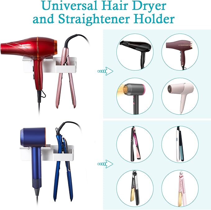 Hair Dryer Holder, Hair Straightener Holder Wall Mount, Hair Tool Organizer, Hairdryer and Straightener Holders, Adhesive Hair Tool Storage for Blow Dryer, Curling Iron, Flat Iron Stand (White)
