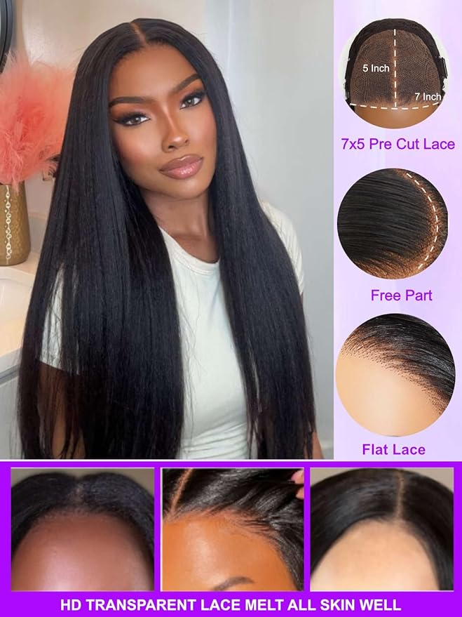 YIROO No Slip 7x5 Bye Bye Knots Yaki Straight Lace Front Glueless Drawstring Wig Human Hair with Deep Stretch Cap Fits All Head Sizes,Pre-Plucked Pre-Cut Wear and Go Wig for Women 150% Density 24Inch