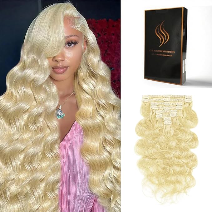 Clip in Hair Extensions Real Human Hair Body Wave 613 Bleach Blonde Clip in 100% Brazilian Remy Human Hair Extensions 8pcs Per Set with 18 Clips Double Weft 24 Inch 120g/3.6oz