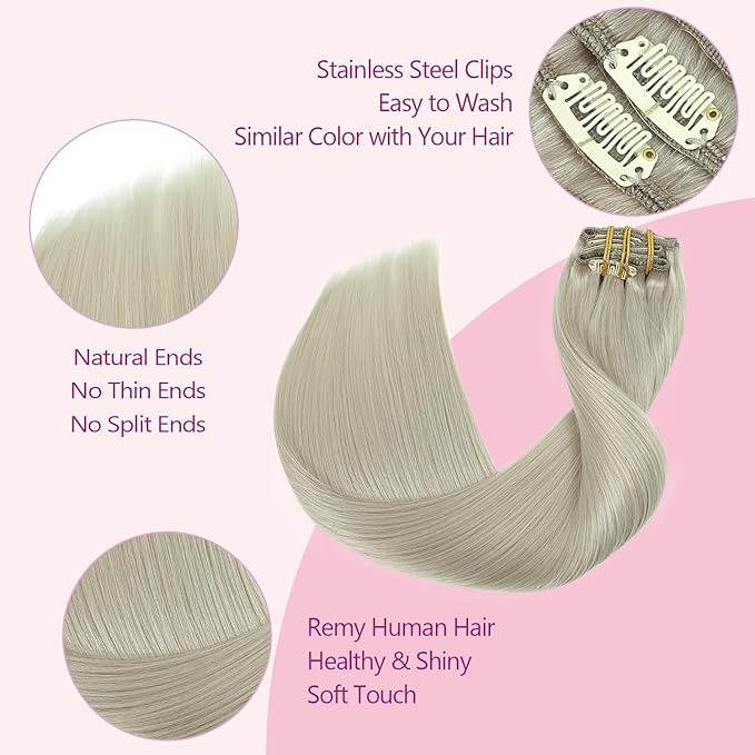 PINKPEARL Clip in Hair Extensions Real Human Hair, 22 Inch 120g 7pcs #1000 Gray Blonde Human Hair Extensions Clip Ins, Remy Hair Clip ins(#1000-22)