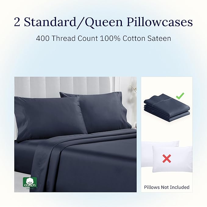 California Design Den Standard Queen Size Pillowcase Set - 400 Thread Count, 100% Cotton Sateen, Set of 2 Pillow Covers, Soft and Breathable - Indigo Dusty Blue