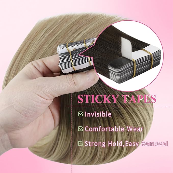 YoungSee Tape in Hair Extensions Real Human Hair Brown Balayage Tape in Hair Extensions Ombre Dark Brown to Medium Brown with Blonde Hair Extension Tape-in Real Human Hair for Women 18 Inch 20pcs 50g