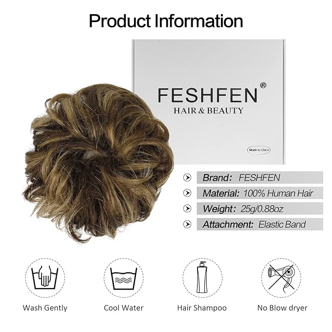 FESHFEN Human Messy Buns - 100% Human Hair Bun Real Scrunchies Hair Pieces Ponytail Extensions Wavy Tousled Updo Chignon Hairpieces for Women, Brown Mixed Blonde
