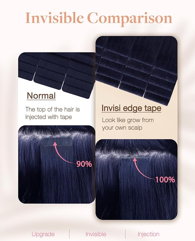 GOO GOO Invisi Edge Tape in Hair Extensions Human Hair, 1G Midnight Black, 20pcs 16inch 50g, Virgin Remy Hair, Seamless Injected Tape, Natural Look