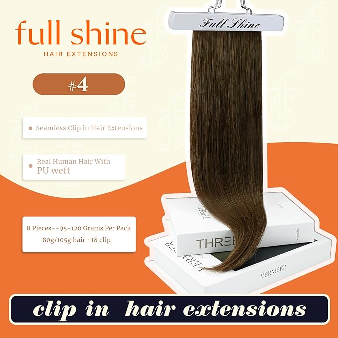 Full Shine Clip in Hair Extensions Real Human Hair Brown Seamless Hair Extensions Clip in with PU Weft Remy Human Hair Medium Brown Softness 18 Inch 8 PCS 120 G