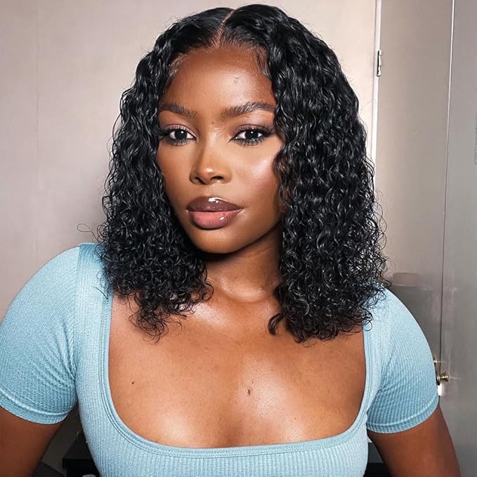 GOLFMAX Glueless Wigs Human Hair Pre Plucked Pre Cut 4X4 Lace Closure Bob Wig Human Hair Deep Wave Curly Short Bob Wig 14 Inch Wet and Wavy Lace Front Wigs With Elastic Band