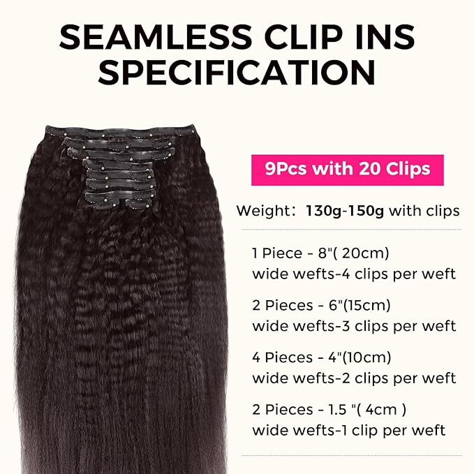 Lashey Seamless Clip in Hair Extensions Human Hair 130g 9pcs #2 Dark Brown 16 Inch Kinky Straight Clip in Hair Extensions Real Human Hair with Flat PU Invisi Edge Full Pack
