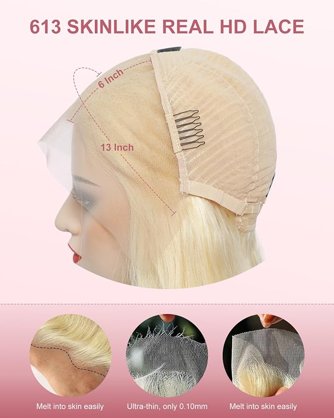 ALIDIDI MINIKNOTS Real Hd 613 13x6 Lace Front Wig Human Hair Pre Plucked Bleached Knots 200% Density 0.10mm Ultra-Thin Invisible Lace Blonde Wig Human Hair Straight For Women 20 Inch