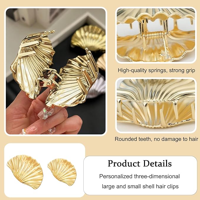 Seashell Hair Clips for Women Gold Claw Clip for Thick& Thin Hair Fashion Shells Hair Accessories Beach Hair Clips 2PCS