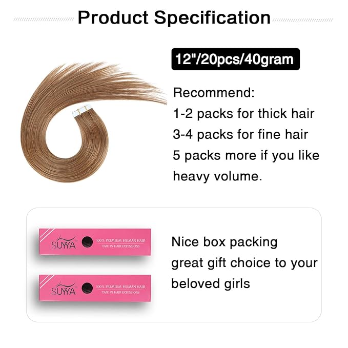 SUYYA Tape in Hair Extensions Light Brown 100% Real Human Hair 12inches 20pcs 40g/pack Straight Seamless Skin Weft Tape in Remy Human Hair(12 inches #8 Light Brown)
