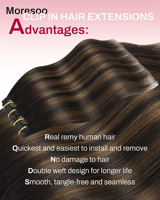Moresoo Clip in Hair Extensions Real Human Hair Balayage Dark Brown with Chestnut Brown 5pcs 80g Remy Straight Invisible Double Weft Ombre Human Hair Clip in Extensions 18inch