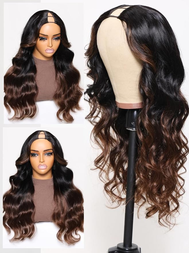 YIROO V Part Wig Human Hair Highlight Chestnut Brown Ombre Body Wave Human Hair Wig No Leave Out 12A Glueless Upgrade U Part Wigs Clip in Half Wig No Glue No Sew Beginner Friendly 150% Density 18inch