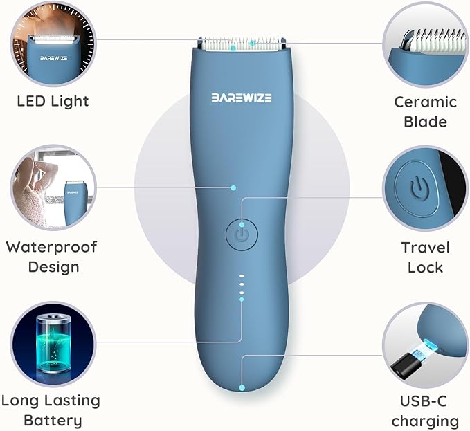 Body Hair & Pubic Hair Trimmer for Men & Women, Painless Electric Body & Bikini Shaver | Waterproof, Type-C Rechargeable, LED Light, Replaceable Blade, Manscape Personal Groomer (Denim Blue)