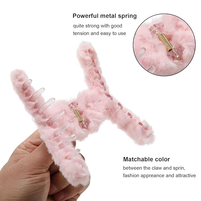 5PCS Large Claw Hair Clips for Thick Hair Big Fuzzy Hair Clips for Women Nonslip Strong Hold Hair Claw Clip (Plush (Blue+Grey+Pink+Purple+Beige))