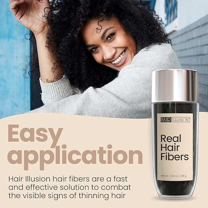 Hair Illusion 100% Natural Human Hair Fibers Not Synthetic for Men and Women, Premium Hair Building Formulation, Large, 38 g Bottle, Jet Black