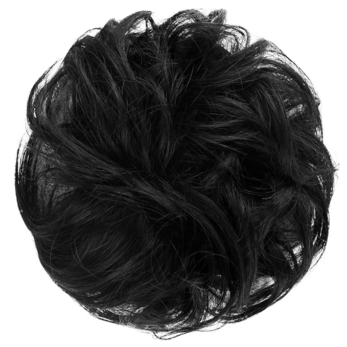 FESHFEN Human Messy Buns - 100% Human Hair Bun Real Scrunchies Hair Pieces Ponytail Extensions Wavy Tousled Updo Chignon Hairpieces for Women, Black