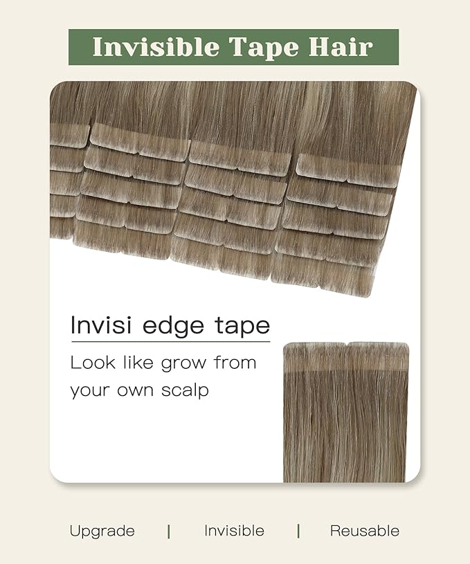 SURNEL Injected Tape in Hair Extensions Human 16Inch Ash Brown to Platinum Blonde Invisible Tape in Extensions 20 Pcs 35g(#860,16)