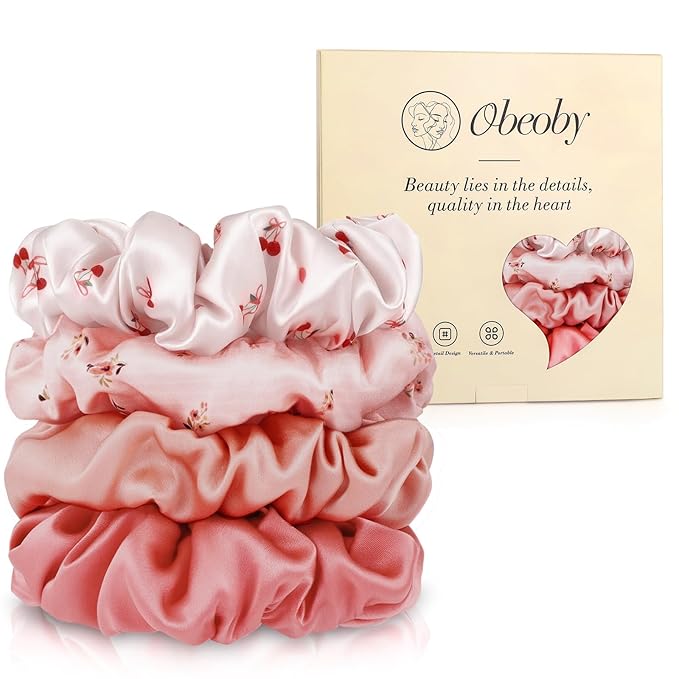 4Pcs Mulberry Silk Hair Scrunchies, Cherry Pink Silk Hair Ties for Hair Sleep Frizz Breakage Valentine's Galentines Day Gifts