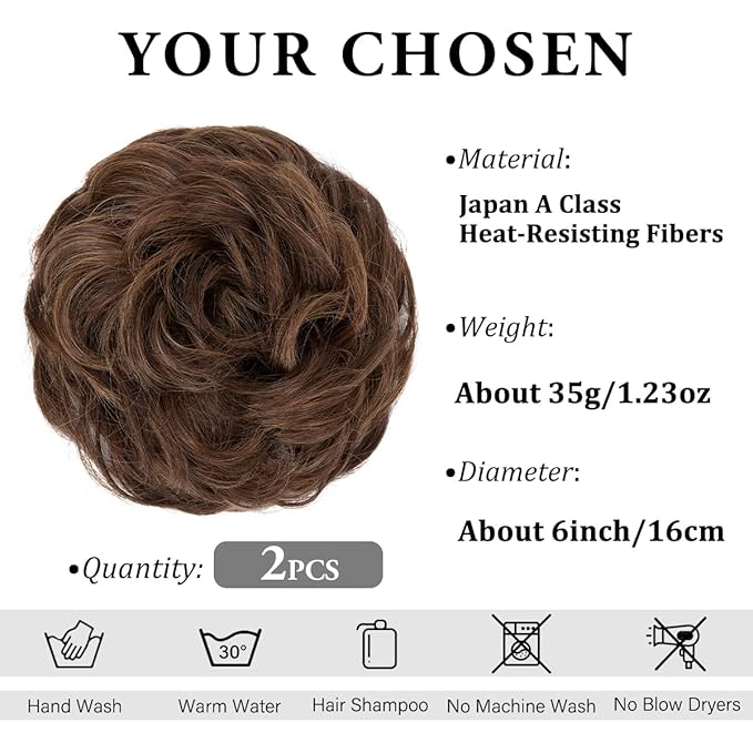 SARLA 2PCS Messy Hair Bun Hair Pieces Wavy Curly Synthetic Updo Fake Scrunchies Ponytail Extension for Women Chocolate Multi