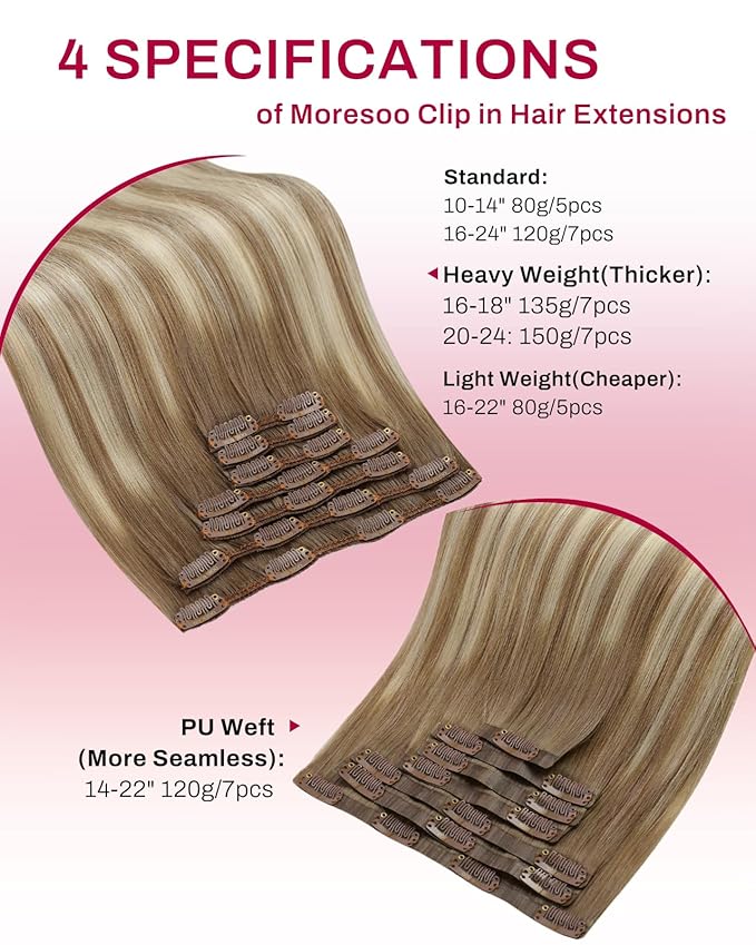 Moresoo Blonde Balayage Clip in Hair Extensions Light Brown to Medium Blonde Ombre Thick Hair Extensions Clip ins Long And Straight Real Human Hair Can Style for Wedding 150g/7pcs 24inch