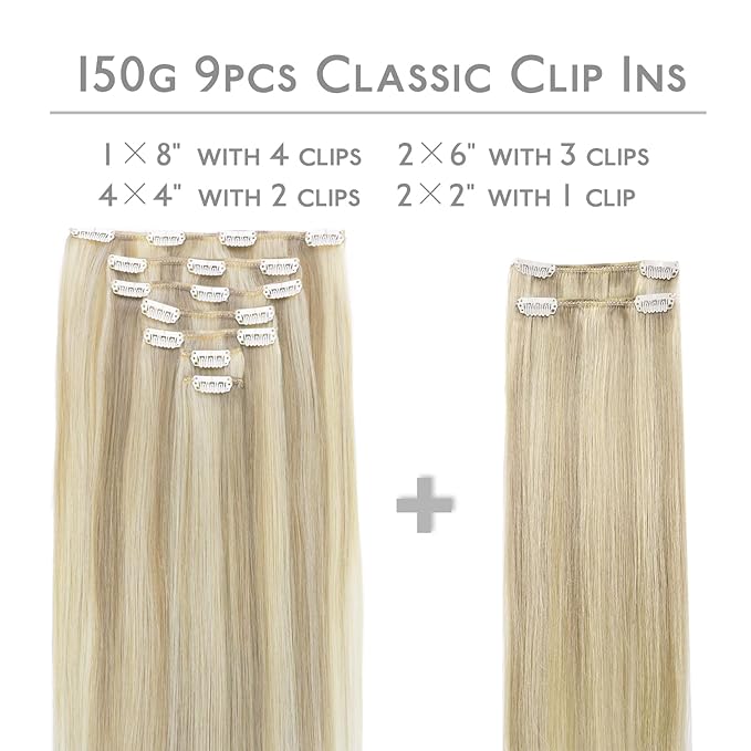WENNALIFE Hair Extensions Clip In, 9pcs 20inch 150g Ash Blonde Highlighted Platinum Blonde Thicker Clip In Hair Extensions Real Human Hair Remy hair extension Double Weft Clip in Human Hair Extensions