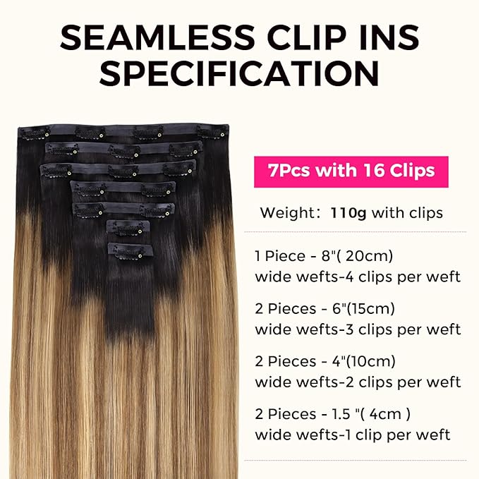 Lashey Seamless Hair Extensions Real Human Hair Clip ins 16 Inch 7pcs 110g Ombre Balayage Ash Brown to Honey Blonde with Dark Roots Hair Extensions Human Hair Straight Natural Hair for Women