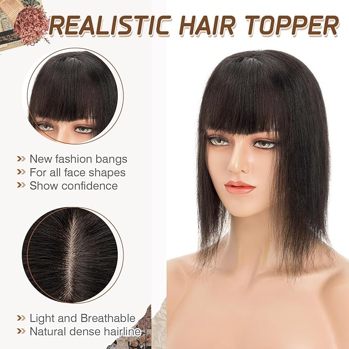 Rich Choices Real Human Hair Toppers for Women With Bang 100% Remy Human Hair Topper for Thinning Hair Clip in Silk Base Hair Topper 12 Inch #1B Natural Black