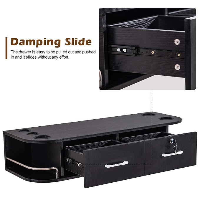 BarberPub Beauty Locking Wall Mount Styling Station, Barber Hair Styling Station with Hair Dryer Holders, Spa Salon Equipment with 2 Drawers, Storage Floating Salon Station 5012 (Black)