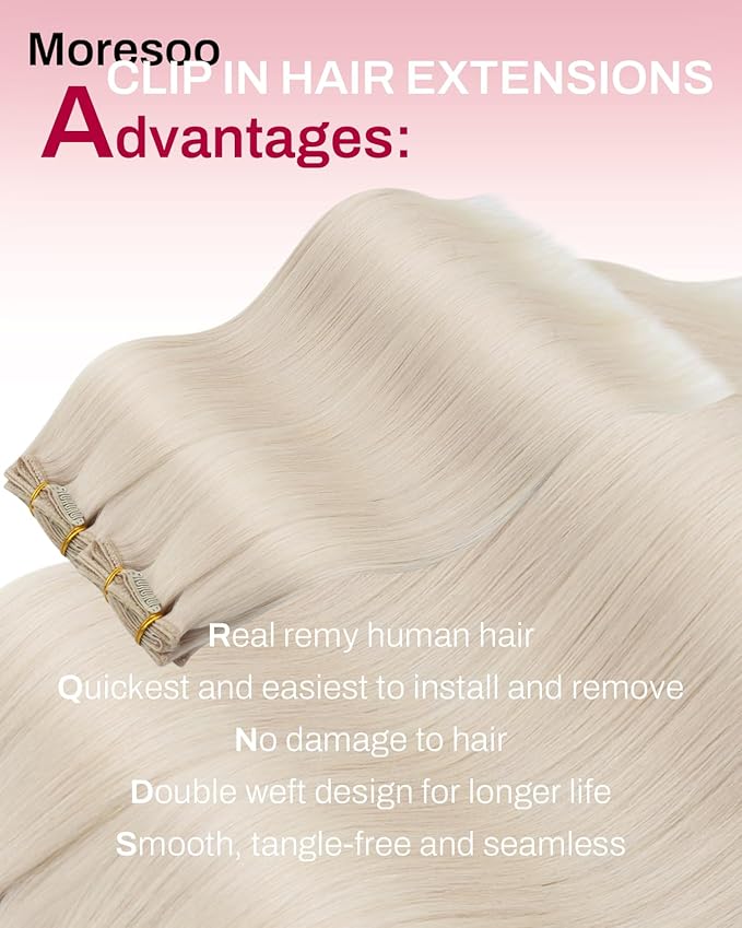 Moresoo Blonde Hair Extensions Clip ins Human Hair White Blonde Clip in Hair Extensions Real Human Hair Double Weft Blonde #60A 5pcs/70g 12 inch