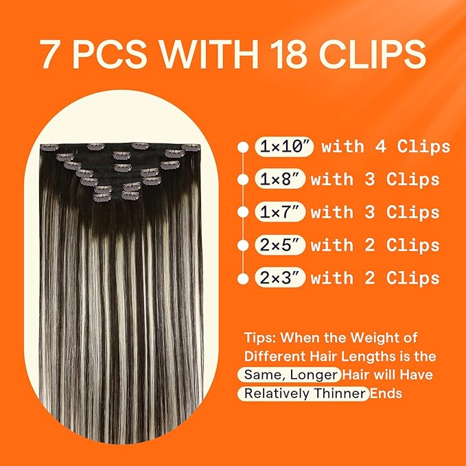 Full Shine Human Hair Clip in Extensions Balayage Dark Brown Clip on Hair Extensions Double Weft Dark Brown Ombre Platinum Blonde Straight Hair Extensions 14 Inch 7 Pcs 120 G