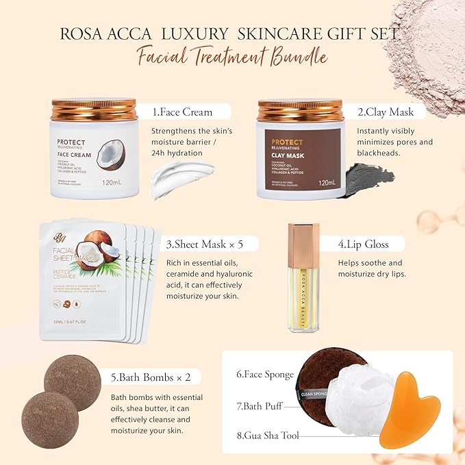 Christmas Gifts for Women, Coconut 32 Pcs Facial Skin Care Kit, Home Spa & Self-Care Gifts, Bath and Body, Lip Oil, Face Sheet Mask, Serum, Birthday, Valentines, Mother Day, All Occasion Present