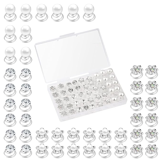 (48 Pcs,4 Styles) Pearl,Rhinestone Crystal Twisters Spiral Set Hair Pin Silver Coil for Wedding, Bridal, Prom, Party and Special Occasion with Clear Container