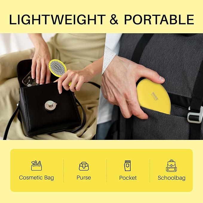 RHOS Mini Hair Brush for Women,Men and Kids-Travel Size Hair Brush for Purse,Pocket,backpack-Small Cushion Paddle Brush with Soft Bristles-Mini Detangler Brush for All Hair Types(1 Pack-Yellow)
