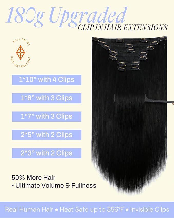 Full Shine Black Clip in Hair Extensions 20 Inch 180 G Thick Human Hair Clip in Extensions Black Human Hair Extensions to Add Volume 7 Pcs