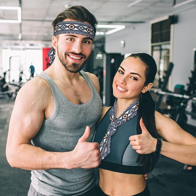 Men's Women Lovely Sports Sweat Band Hair Decor for Sports Workout Spa, Long Boho Style Colorful Surf Blue Tribal Navajo Aztec Geometric Ethnic Pattern Head Ribbon Headwear