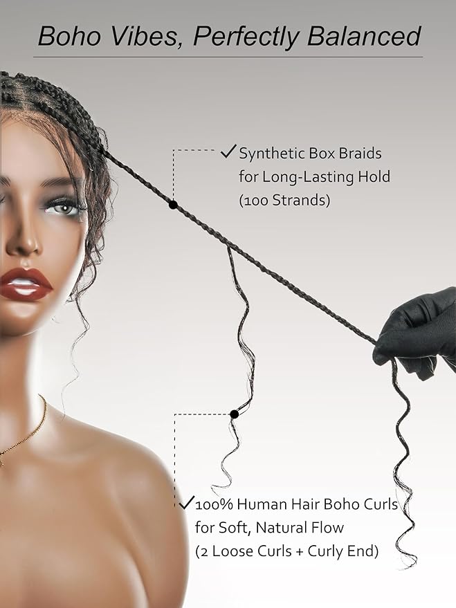 Human Hair Boho Curls Hand-Tied HD Full Lace Wig - 36" Salon-Level Small Box Synthetic Braids (100 Braids, High Density) Pre-Cut Swiss HD Lace, Pre-Plucked, Knotless, Tangle-Free - Black 1B